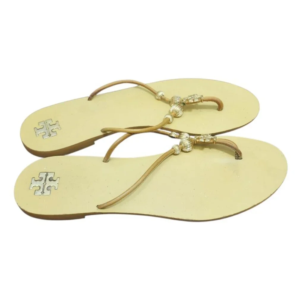 Tory Burch Women Leather Thong Sandals Gold Logo Beads Tan Flat Flip Flop Sze10M